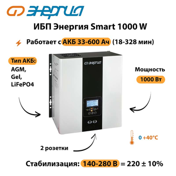 ИБП Энергия Smart 1000W - ИБП и АКБ - Энергия ИБП Smart - . Магазин оборудования для автономного и резервного электропитания Ekosolar.ru в Дубне